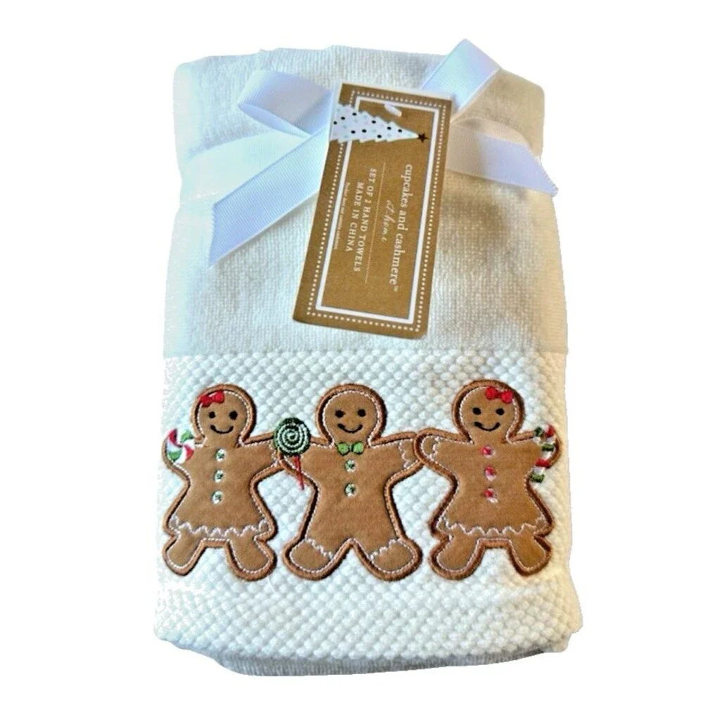 Cupcakes and Cashmere Christmas Gingerbread Hand Towels Holiday Set of 2 Ivory